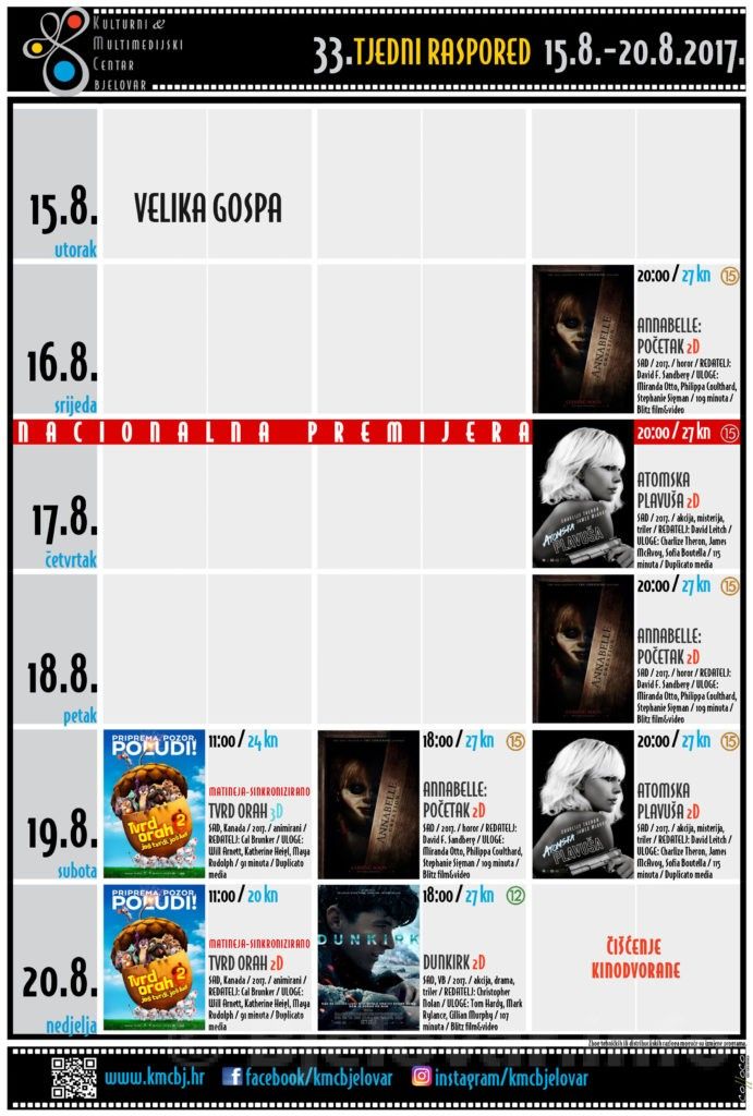 33. TJEDNI RASPORED KMCBJ 15.8. 20.8.2017. 1