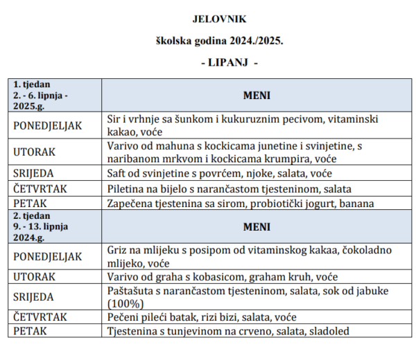 jelovnik lipanj skole
