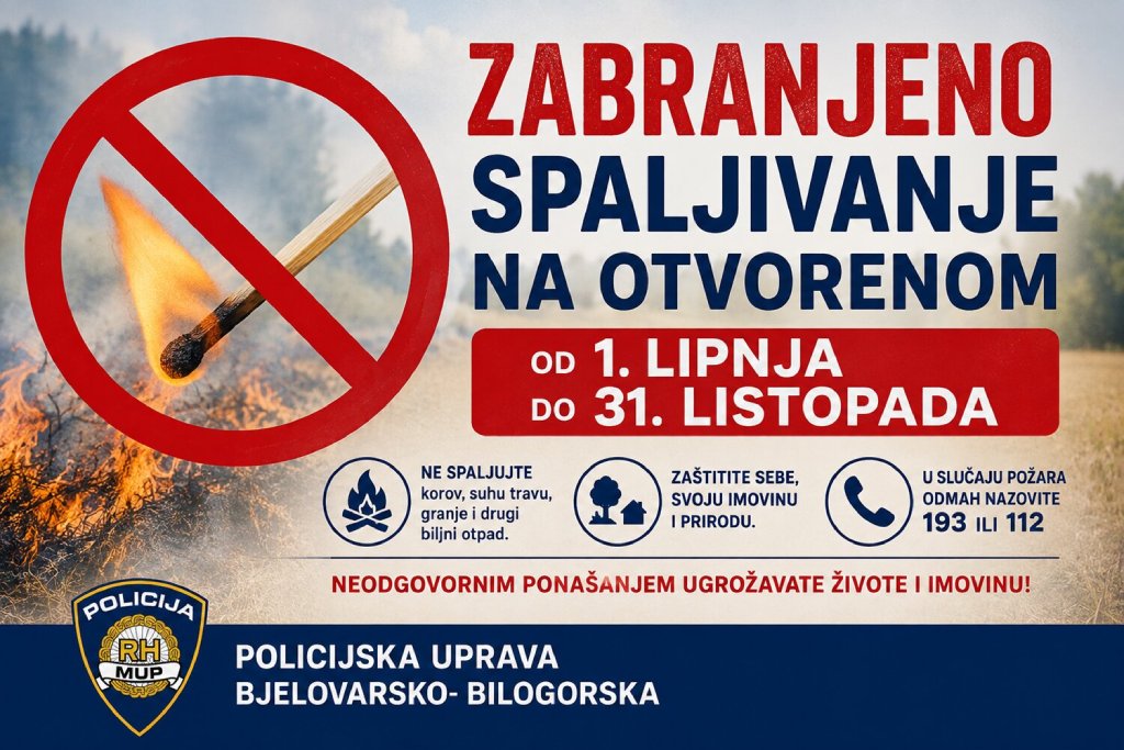 Policija ponovno upozorava na zabranu loženja vatre na otvorenom nakon požara u Siščanima Zabrana spaljivanja na otvorenom 2026